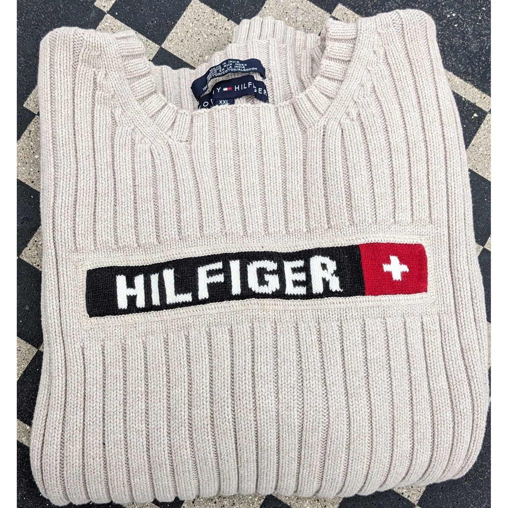 Tommy Hilfiger Knitted Heavyweight Sweater Womens XXL Logo Spellout‎ Ribbed